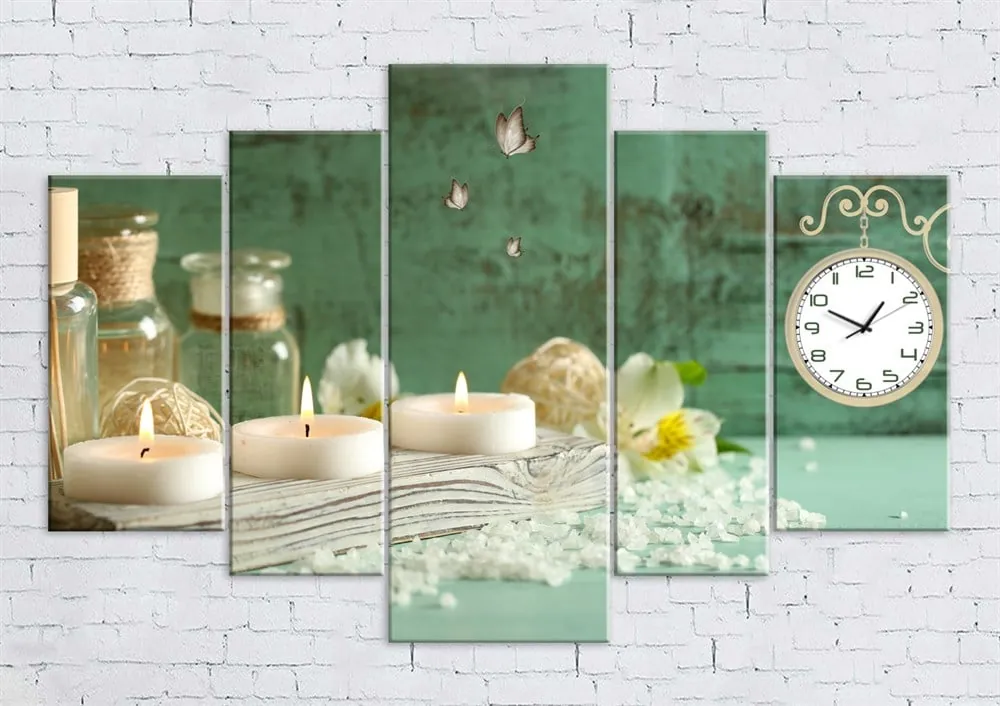 Su Yeşili Saatli Romantik Mum Resimli Kanvas Tablo