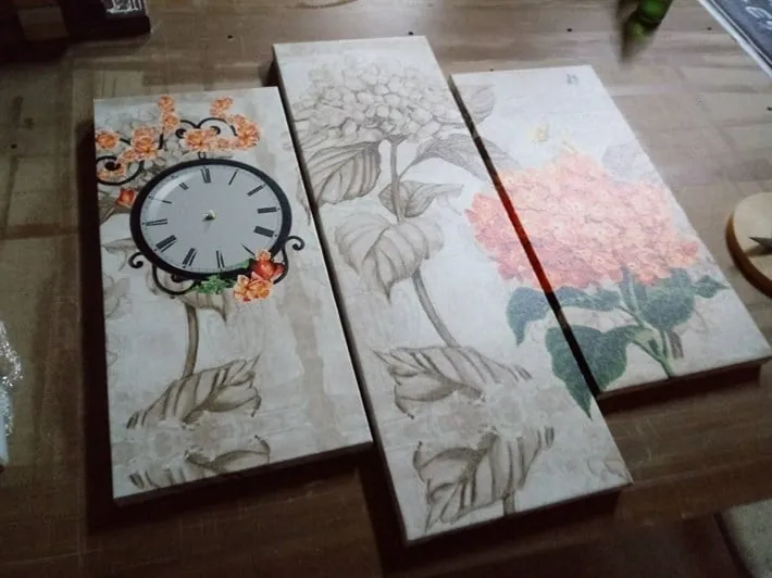 Turuncu Krem Renkli Çiçekli 3 Parça Kanvas Tablo