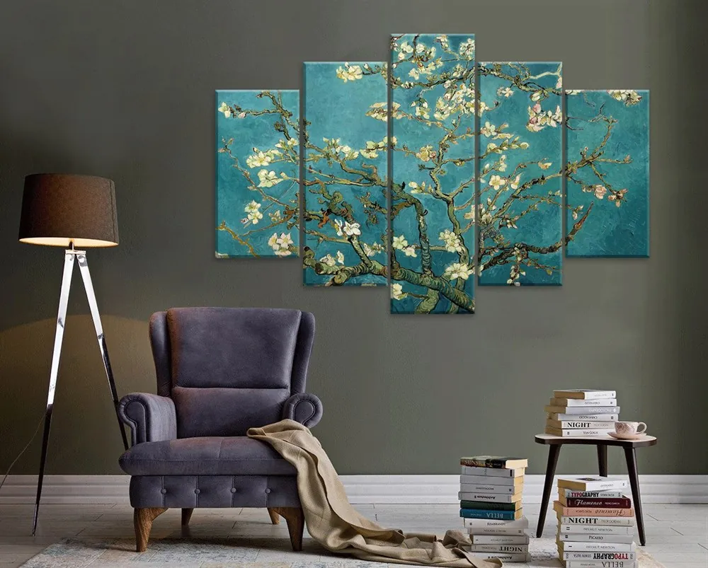 Van Gogh Çiçek A??an Badem A??ac?? 5 Parçalı Kanvas Tablo